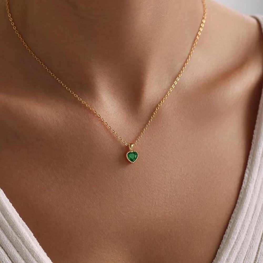Emerald Green Heart Pendant Necklace Gold Tone CZ Dainty Women Gift Adjustable